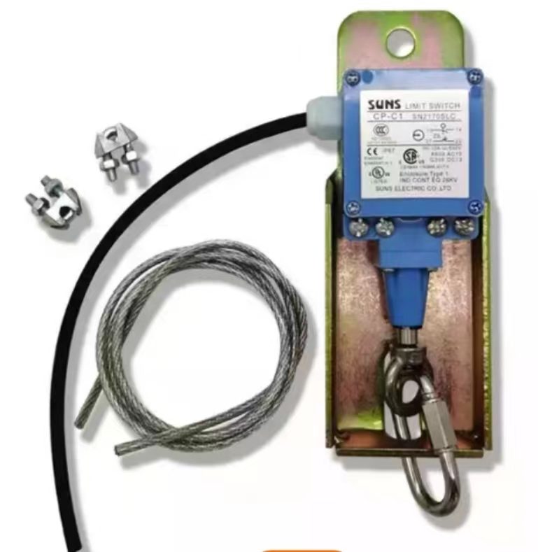 Overwind limit switch plate with coiled cable and shackles