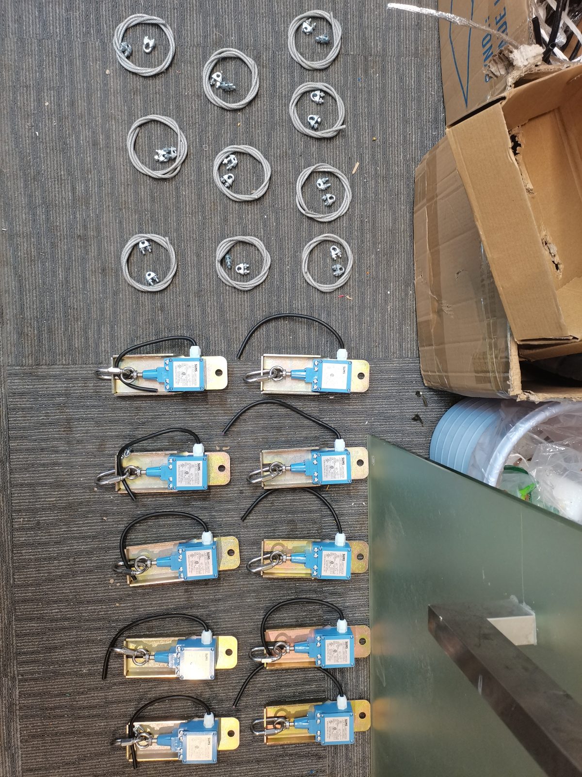 Rows of limit switches and rings laid out on a mat