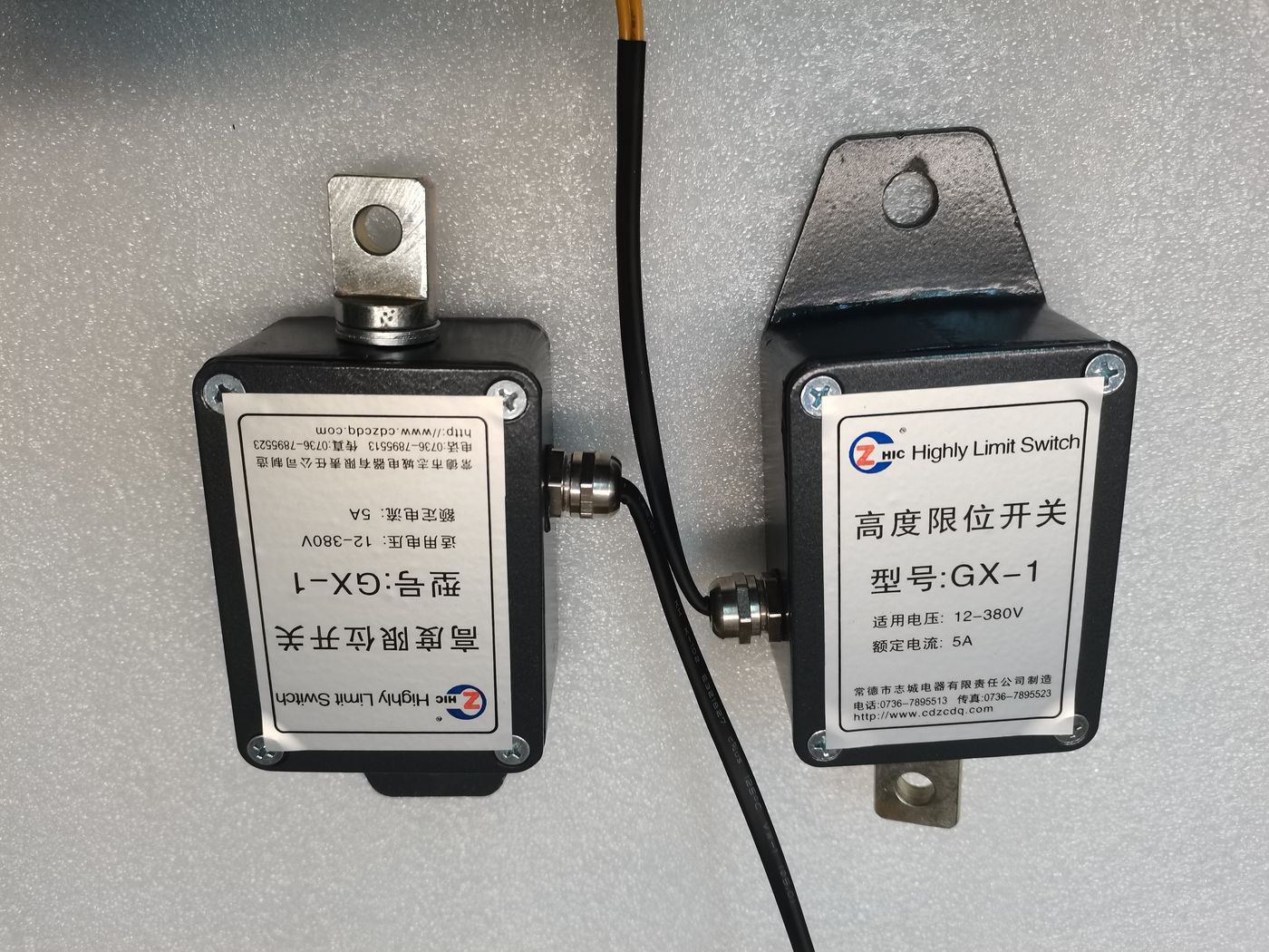 Two black square limit switches on a grey surface, nameplates reading type GX-1, each with a cable lead