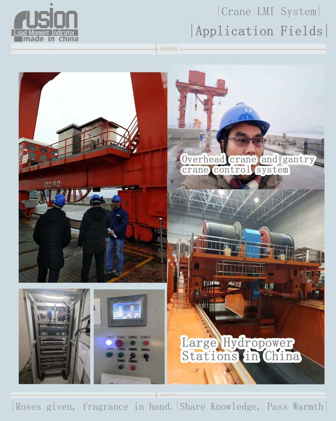 Collage sheet with red overhead and gantry structures, winch sets inside a hydropower hall and shots of a cabinet and terminal