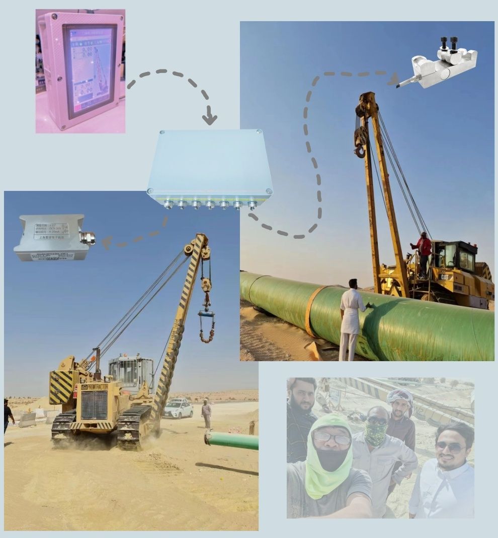 Collage sheet with a sideboom crane and green pipe section beside a trench, a tracked pipelayer hauling pipe, and insets of the terminal and collector