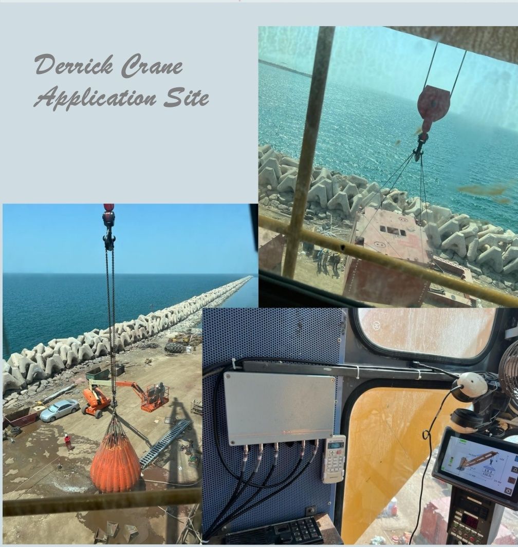 Collage sheet showing element placement along a breakwater seen from the cab, the hook and an orange unit, and the collector and terminal inside the cab