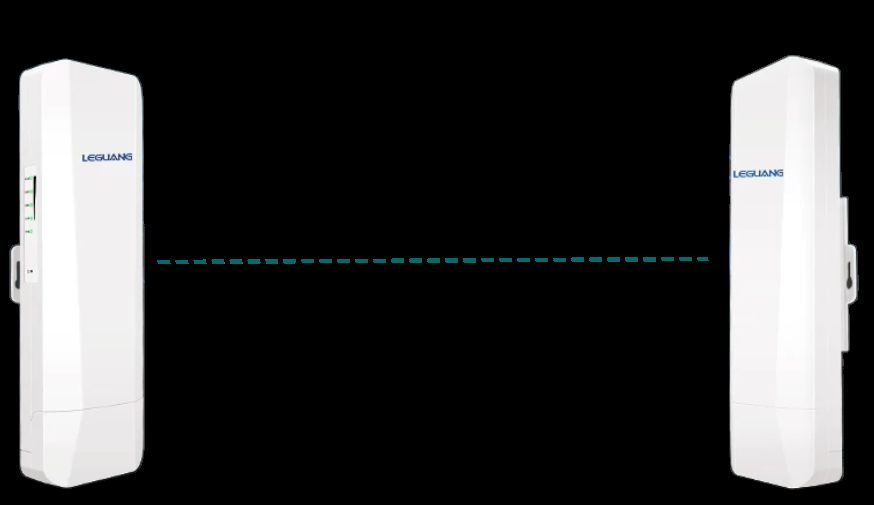 Pair of white radio bridge units facing each other on black with a dashed link line between them