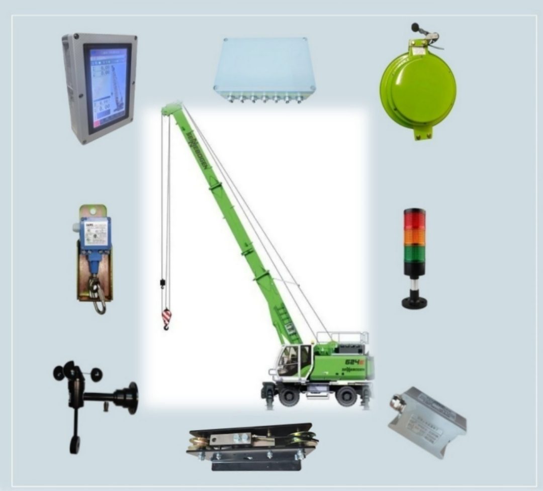 A green truck crane at the centre ringed by the terminal, collector, draw-wire reel, pressure sensor, tri-colour beacon, anemometer, sheave set and block cells