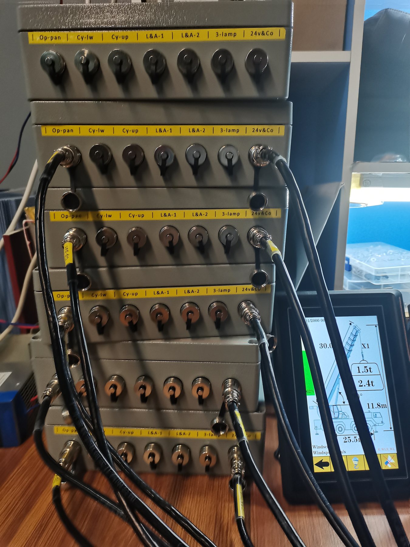 Stacked panels of circular connectors with labelled cables