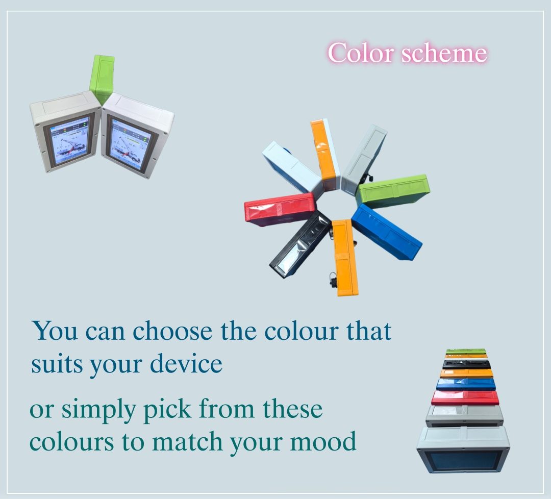 Two white terminals beside a ring of coloured face plates, with stacked colour samples at lower right