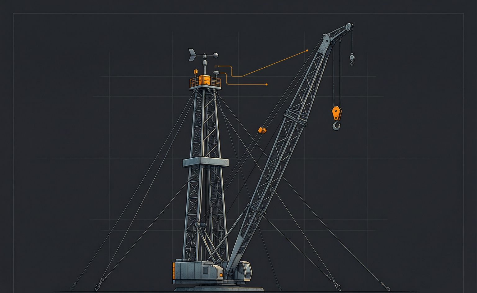 Typical derrick crane arrangement — illustrative diagram, not a site photograph