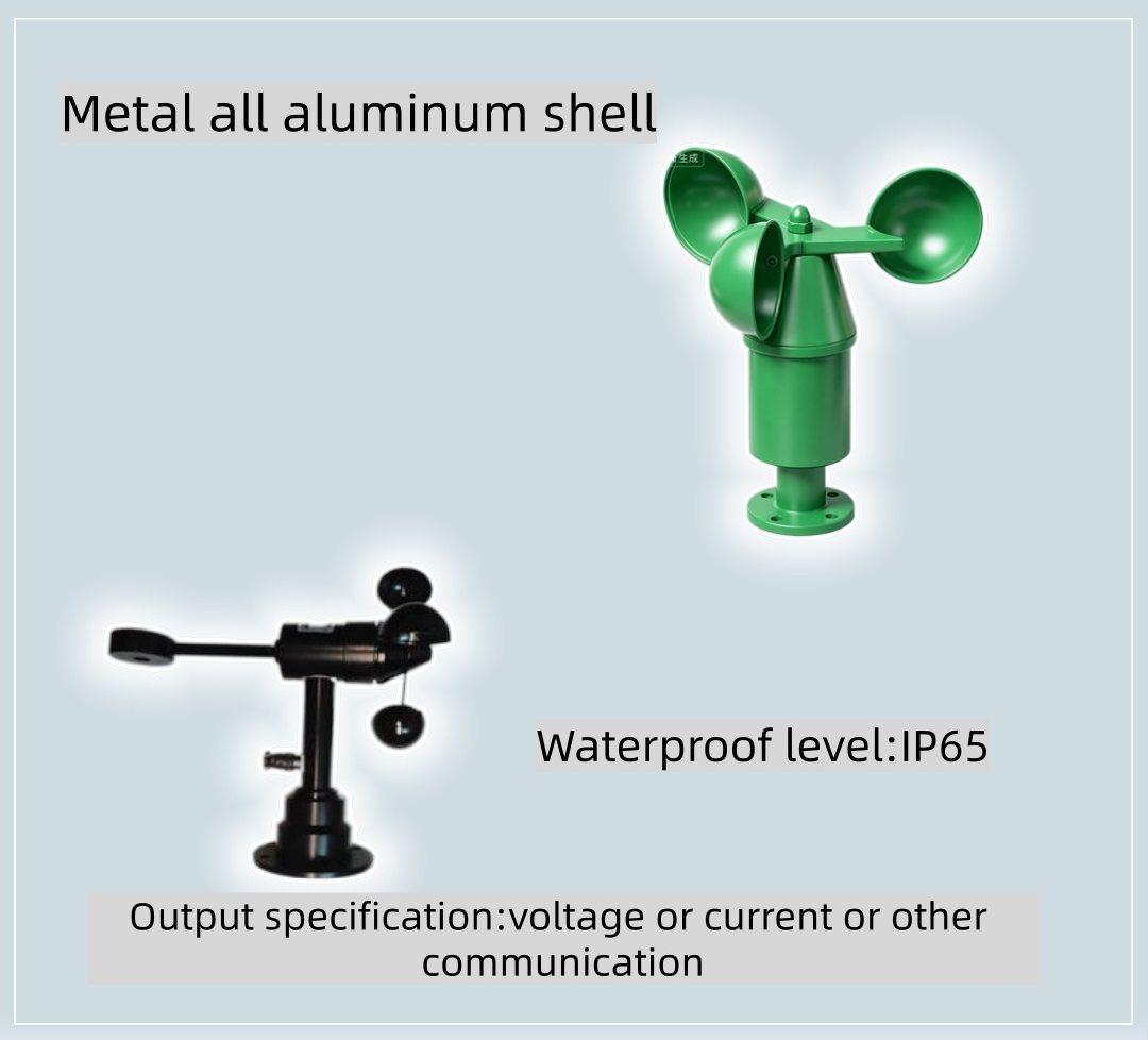 Two cup anemometers, green and black, with aluminium shells